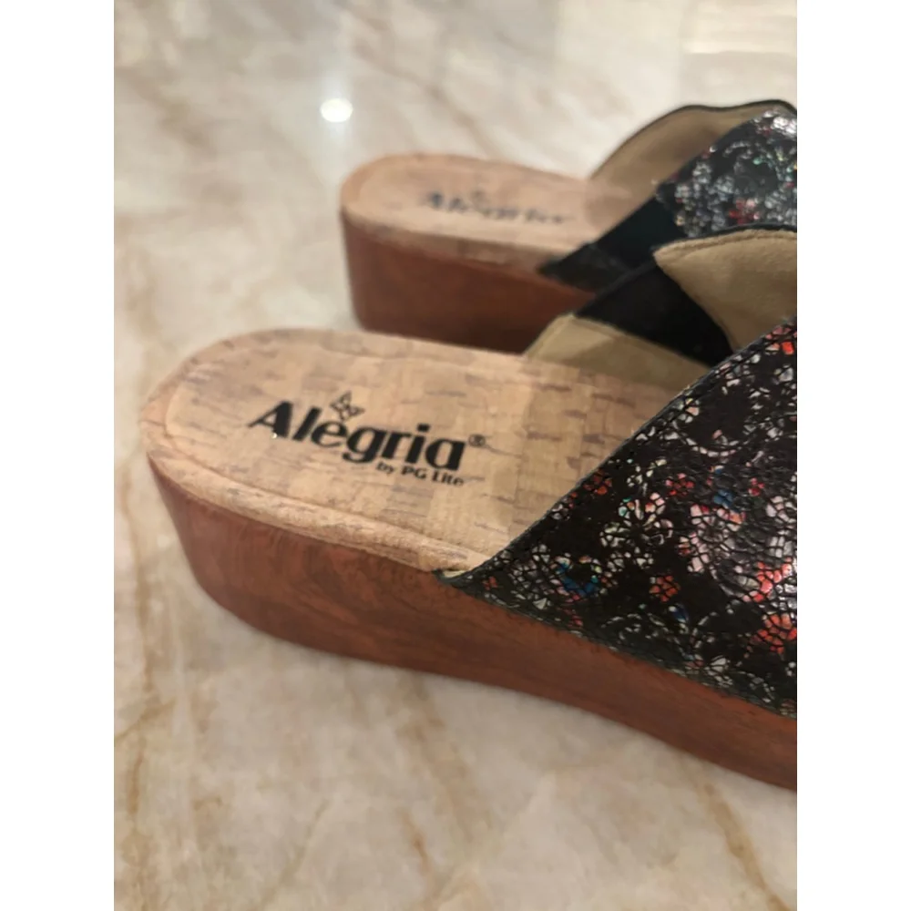 Women's Alegria Black Multicolor Floral Wedge Sandals Size 8 (EU 38)